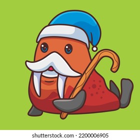 cute old walrus as santa clause. isolated cartoon animal illustration. Flat Style Sticker Icon Design Premium Logo vector. Mascot Character