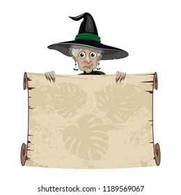 Cute old witch in black hat, silhouette of Monstera leaf on old paper scroll, Halloween party banner, magic lady, cartoon character, funny horror, background for your holiday art, vector illustration