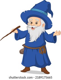 Cute old wizard cartoon with magic wand