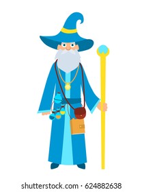 Cute old wizard with a magic stick. Vector illustration 