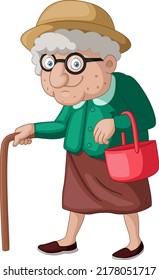 Cute old woman cartoon with a cane