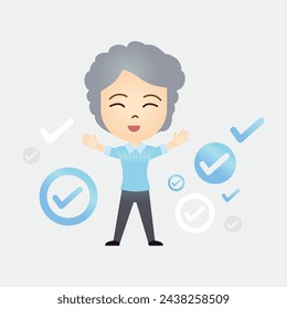 Cute old woman cartoon with correct or tick symbol on isolated background
