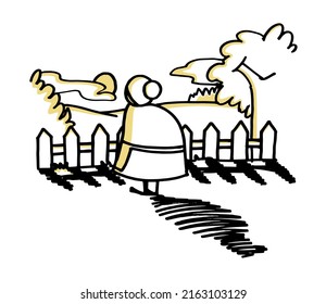 Cute old woman character back view standing and looking sunset from the garden of her house. Cartoon hand drawn style vector illustration.