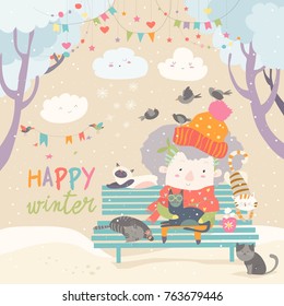 Cute old woman with kitten and bird in winter park
