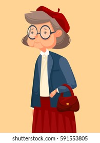 Cute old woman in red beret and blue cardigan. She is smiling. She has little leather purse in her hand. Vector cartoon illustration. Character
