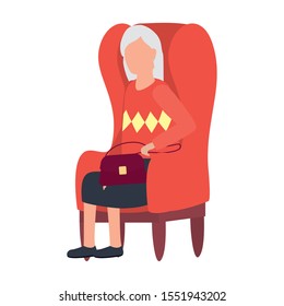 cute old woman seated in sofa comic character vector illustration design