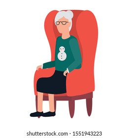 cute old woman seated in sofa comic character vector illustration design