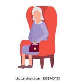 cute old woman seated in sofa comic character vector illustration design