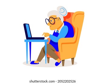 A cute old woman sits in an armchair and works on a laptop at home. Online education, web courses, modern technology and old age concept. Vector illustration in flat style on a white background.