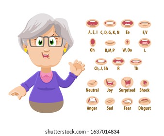 Cute old woman, spectacled grandmother shows to set of mouth, teeth positions. Lip sync emotions collection. Can be used for animation. Cartoon vector illustration isolated on white background.