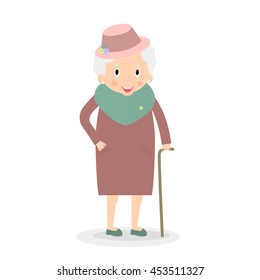 Cute Old Woman With Walking Stick. Grandmother In Hat. Senior Lady On Walk. Vector  Illustration.