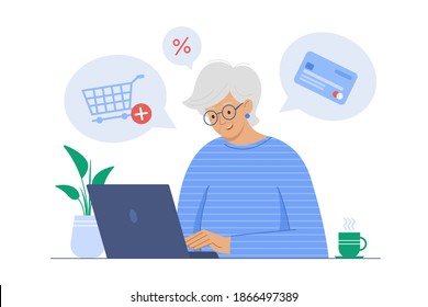 Cute old woman working on laptop computer at home and shopping online. Active life, modern technology and old age concept. Vector illustration in flat style on white background