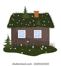 Cute old wooden Scandinavian house with a green grass turf roof on a daisy lawn. Norwegian hytter. Vector isolated illustration