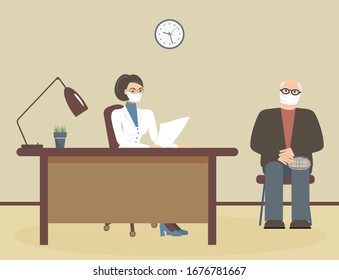 Cute older man at a doctor's appointment. Doctor and patient in protective medical masks to protect against the virus epidemic. The healer holds a document in his hands.Vector flat illustrations