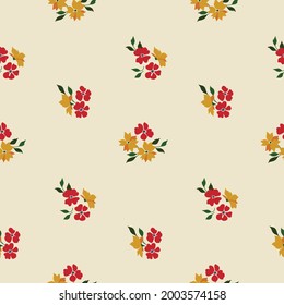 A cute old-fashioned floral print with small flowers and lots of free space. Seamless botanical pattern in minimalist style. Vector illustration on a light background.