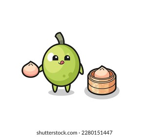 cute olive character eating steamed buns , cute style design for t shirt, sticker, logo element