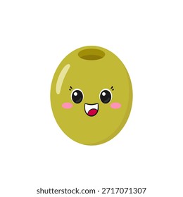 Cute olive, fun cartoon character, happy smiling face, emotions joy delight, big eyes, kawaii style, flat vector illustration.