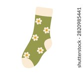 Cute Olive Green Daisy Floral Pattern Sock Vector Illustration, Botanical Clothing Clipart