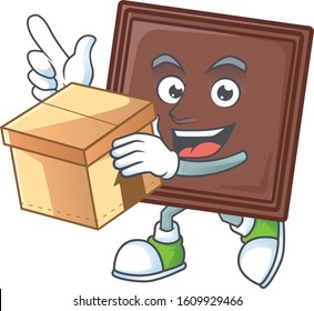 Cute one bite chocolate bar cartoon character with a box