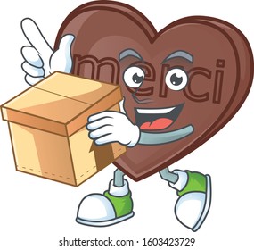 Cute one bite love chocolate cartoon character style holding a box