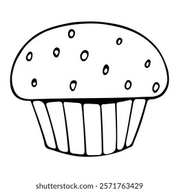 Bonito um cupcake em estilo doodle sem recheio e creme decorativo e polvilhos. ilustração de alimentação vetorial desenhada à mão para cartazes, design de cartão. Isolado no fundo branco. Clipe-art de doces.