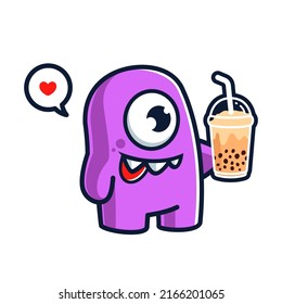 Cute one eye monster cartoon character drinking bubble tea