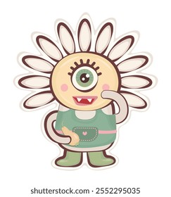 Cute one eyed daisy groovy monster sticker, vector chamomile character, hippy and trippy avatar, trendy funky illustration