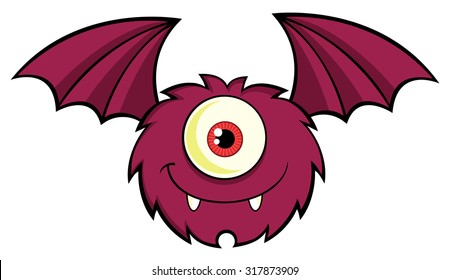 Cute One Eyed Monster Cartoon Character Flying With Text. Vector Illustration Isolated On White