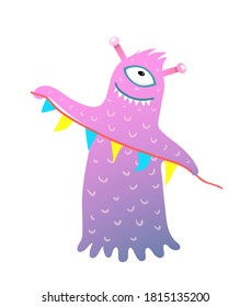 Cute one eyed monster character for kids party, holding flags decoration, inviting for holiday and entertainment. Vector cartoon illustration for kids isolated clip art.