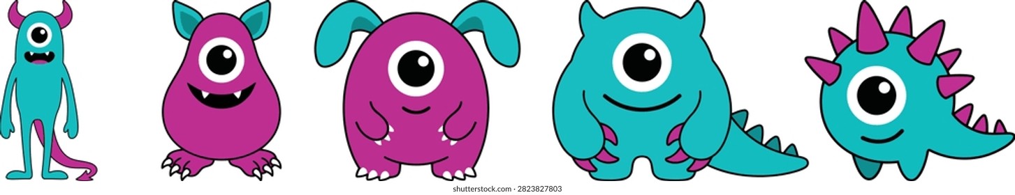 Cute One Eyed Monster Icon Set with Cyan and Purple Cyclops Creatures, Spiky Dinosaur, and Horned Alien