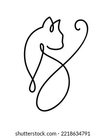 Cute one line vector cat with heart logo. Minimalist cat in abstract hand drawn style, minimalist one line drawing. Lovely pet. Abstract minimal style.