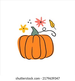 Una calabaza de color naranja adorable con elementos decorativos. Gráfica vectorial para afiches, postales, diseño de camisetas. Ilustración de contorno dibujada a mano en estilo doodle. Comida de otoño, celebración de Halloween