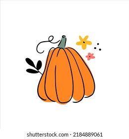 A cute one orange pumpkin with decorative elements. Vector graphic for poster, postcard, t shirt design. Hand drawn outline illustration in doodle style. Autumn food, Halloween celebration