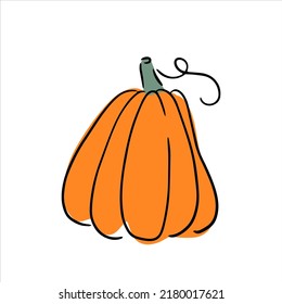 A cute one orange pumpkin. Vector graphic for poster, postcard, t shirt design. Hand drawn outline illustration in doodle style. Autumn food, Halloween celebration