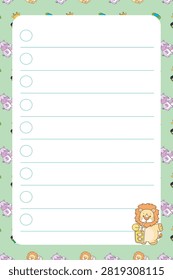 Cute one sheet of notes animal series drink pattern with lion drinking orange juice in green background 