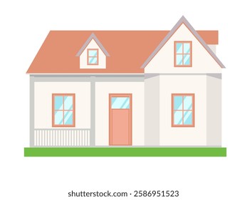 Cute one story house on the lawn. Flat Vector illustration isolated on white background