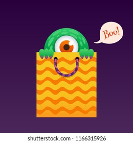 Cute one-eye monster peeking out of gift bag. Halloween illustration.