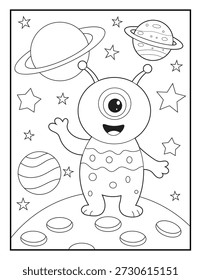 Personaje alienígena lindo de un solo ojo que agita en una superficie del planeta con varios planetas y estrellas en el fondo. Página de libro para colorear para niños con contornos simples en negrita, Ilustración vectorial