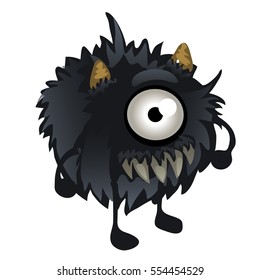 Cute one-eyed furry black smiling monster. Fantastic beast isolated on white background. Vector illustration close-up.