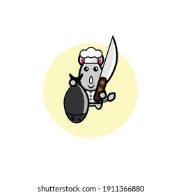 Cute one-horned rhino chef character illustration design