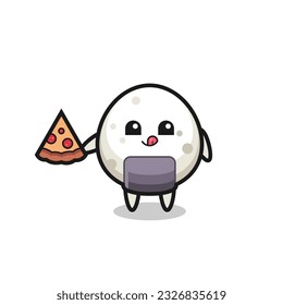 cute onigiri cartoon eating pizza , cute style design for t shirt, sticker, logo element