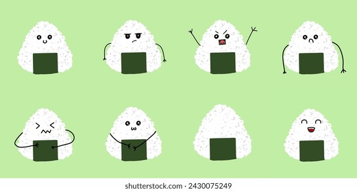 Cute onigiri character design set. You can use in the shop, the card or stickers