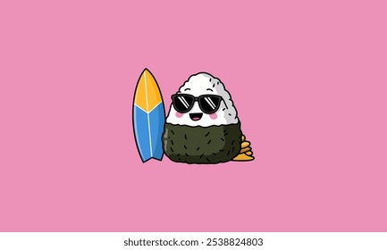 Personagem onigiri bonito com óculos escuros e uma prancha de surfe.