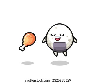 cute onigiri floating and tempted because of fried chicken , cute style design for t shirt, sticker, logo element