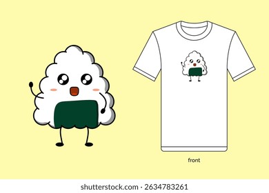 Cute onigiri illustration vector design with T-shirt mockup. EPS 10