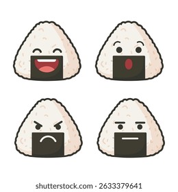 Cute onigiri japanese food characters showing various emotions: happy, surprised, angry, and neutral, each with expressive faces and seaweed wraps on a white background.