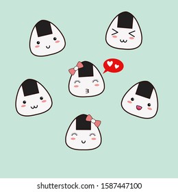 Cute Onigiri Kawaii with Various Expression on Blue Background