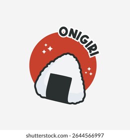 Cute onigiri rice ball illustration with a red circle background and sparkles. A simple and minimal Japanese food icon perfect for logos, restaurant branding, or food-related graphics