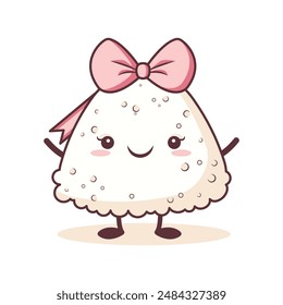 Lindo personaje de dibujos animados de comida japonesa de arroz Onigiri usando cinta rosa con expresión de sonrisa