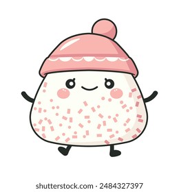 Cute Onigiri Rice Japanese Food Cartoon Character Wearing Pink Hat with Smile Expression